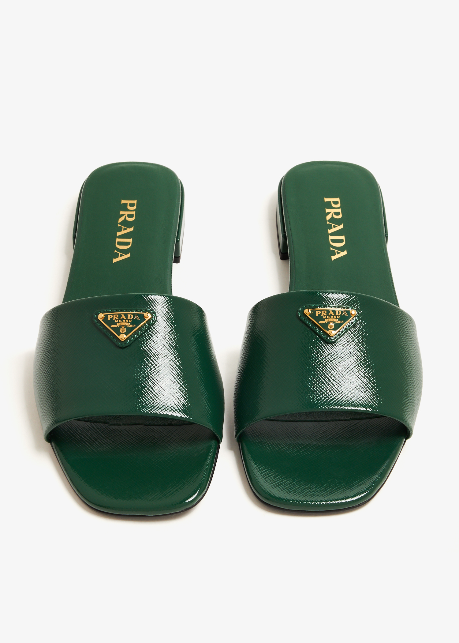 Prada Saffiano patent leather slides for Women Green in UAE Level Shoes