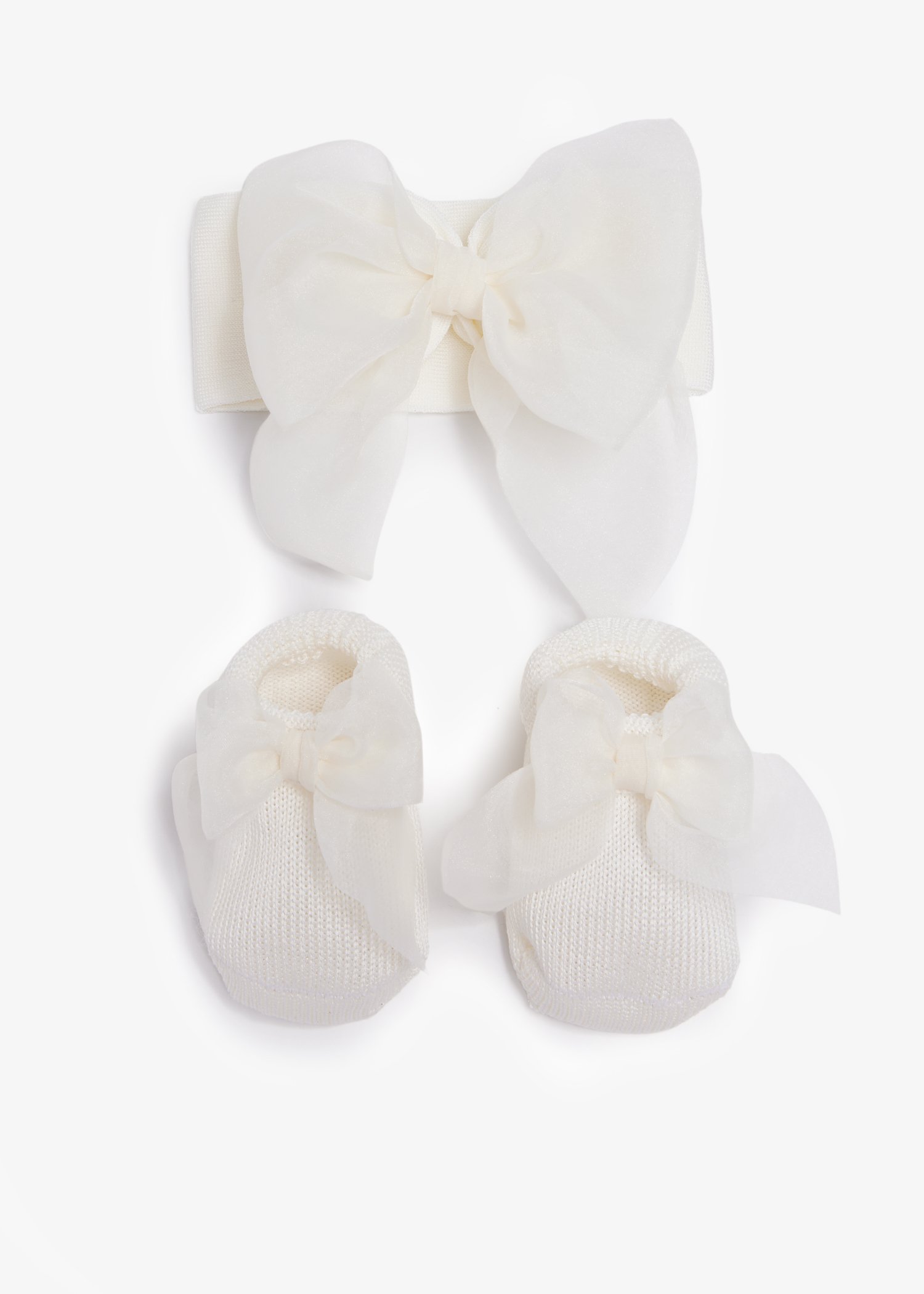 

Organza bow headband and booties set, White