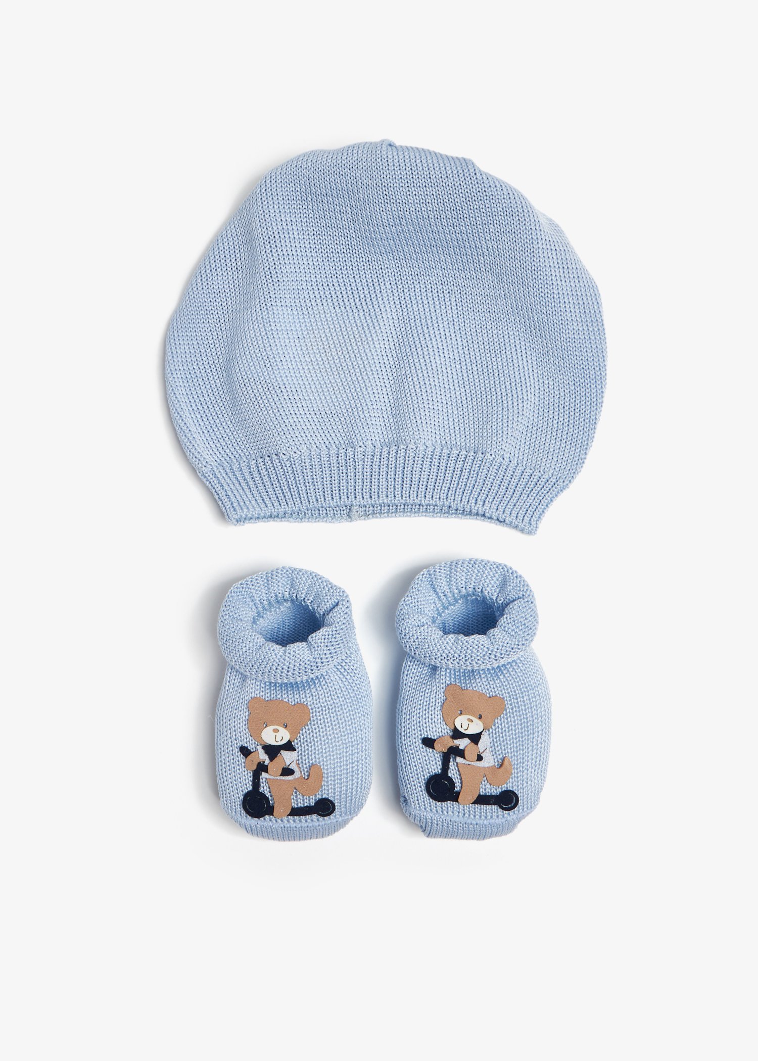 

Scooter bear hat and booties set, Blue