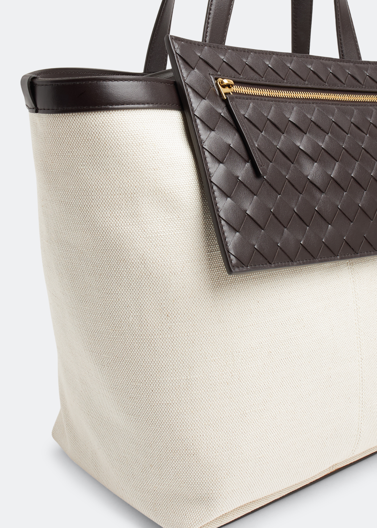 Beige Flip Flap Intrecciato-leather and canvas tote bag, Bottega Veneta