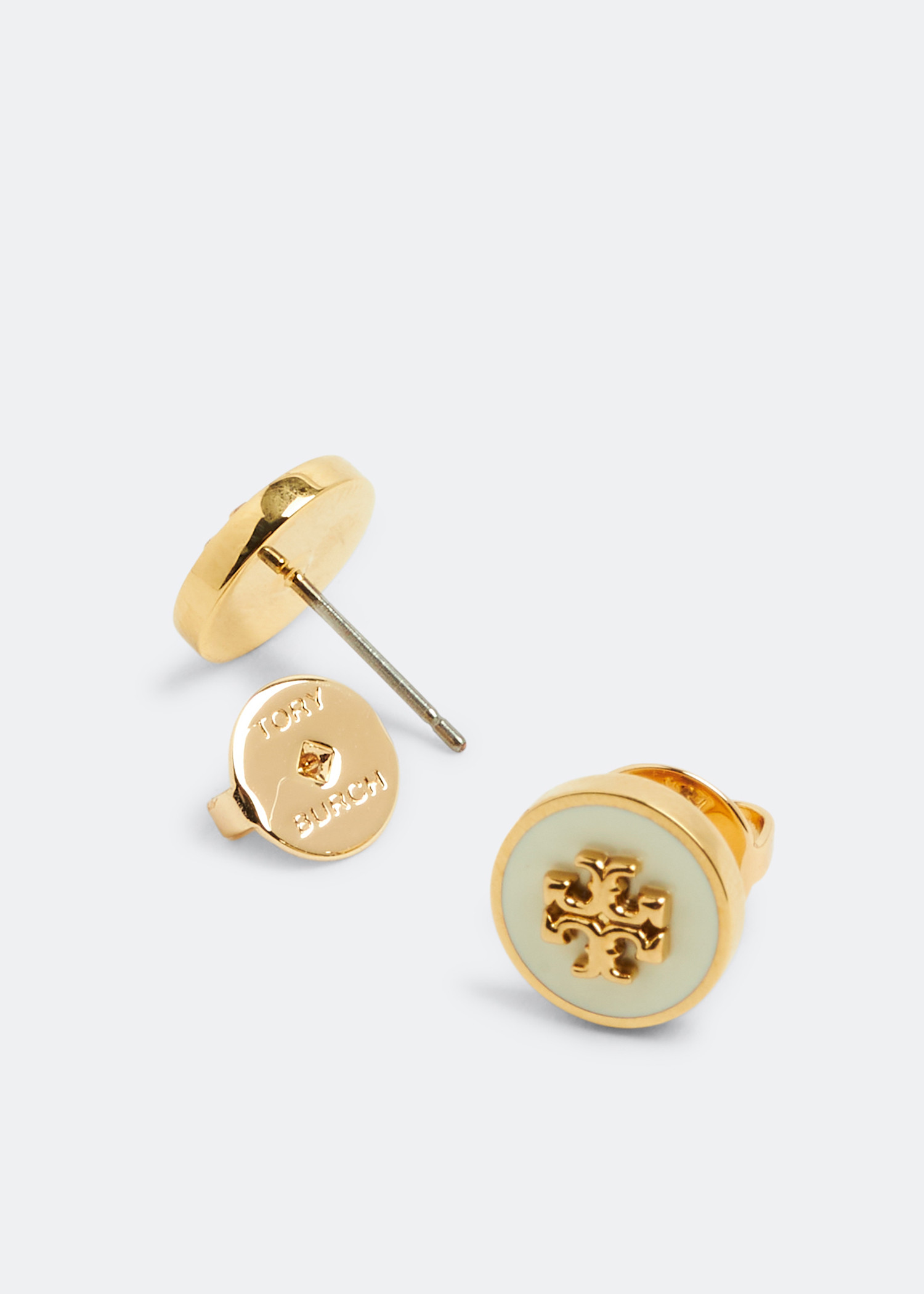 TORY BURCH • SPLIT CIRCLE ENAMEL STUD EARRINGS WHITE AND popular GOLDTONE