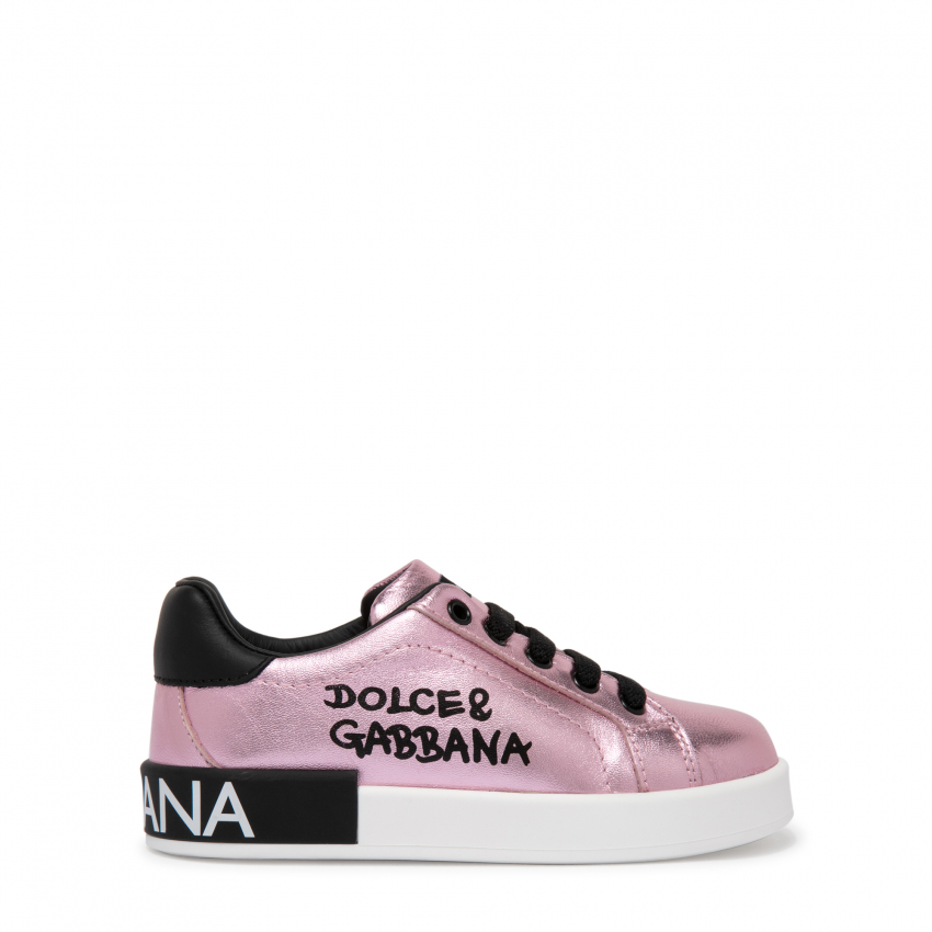 Dolce&Gabbana Laminated lambskin portofino custom sneakers with logo print  for Girl - Pink in UAE | Level Shoes