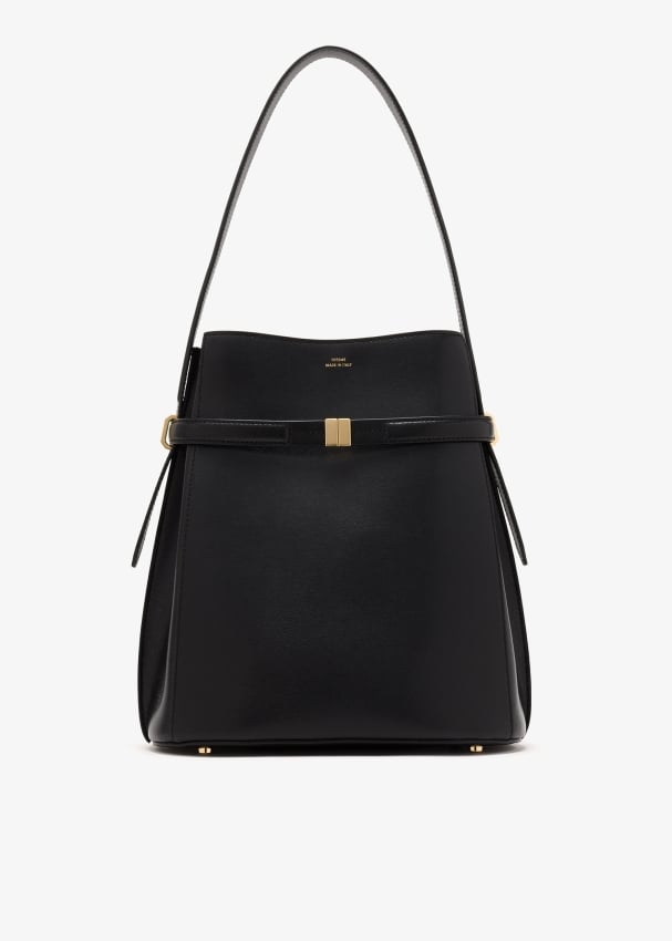 Belted leather bucket bag