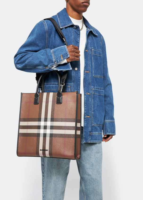 Burberry Men's Exaggerated Check Leather Tote