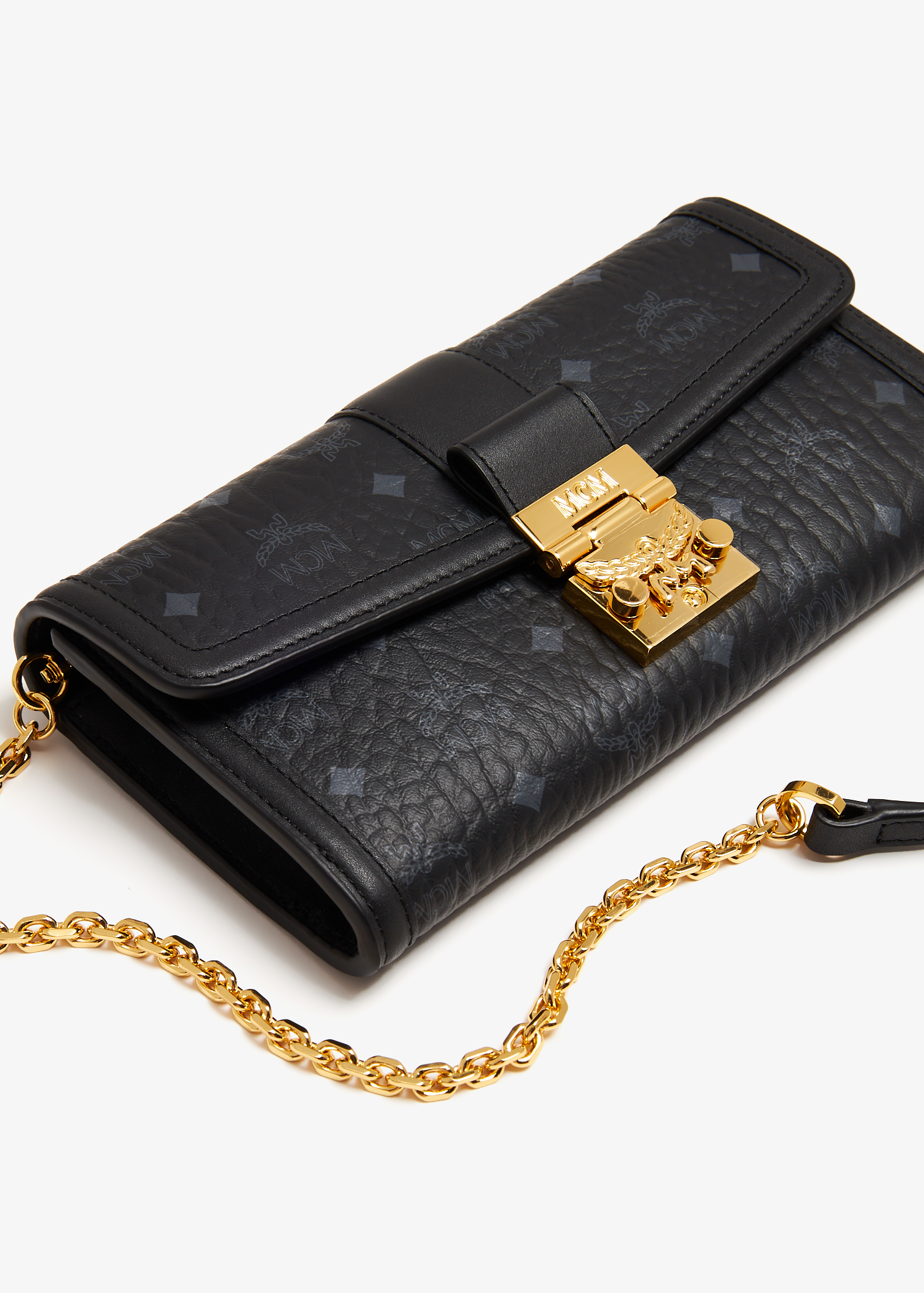 Mcm Tracy Chain Embossed Leather Wallet Bag Black