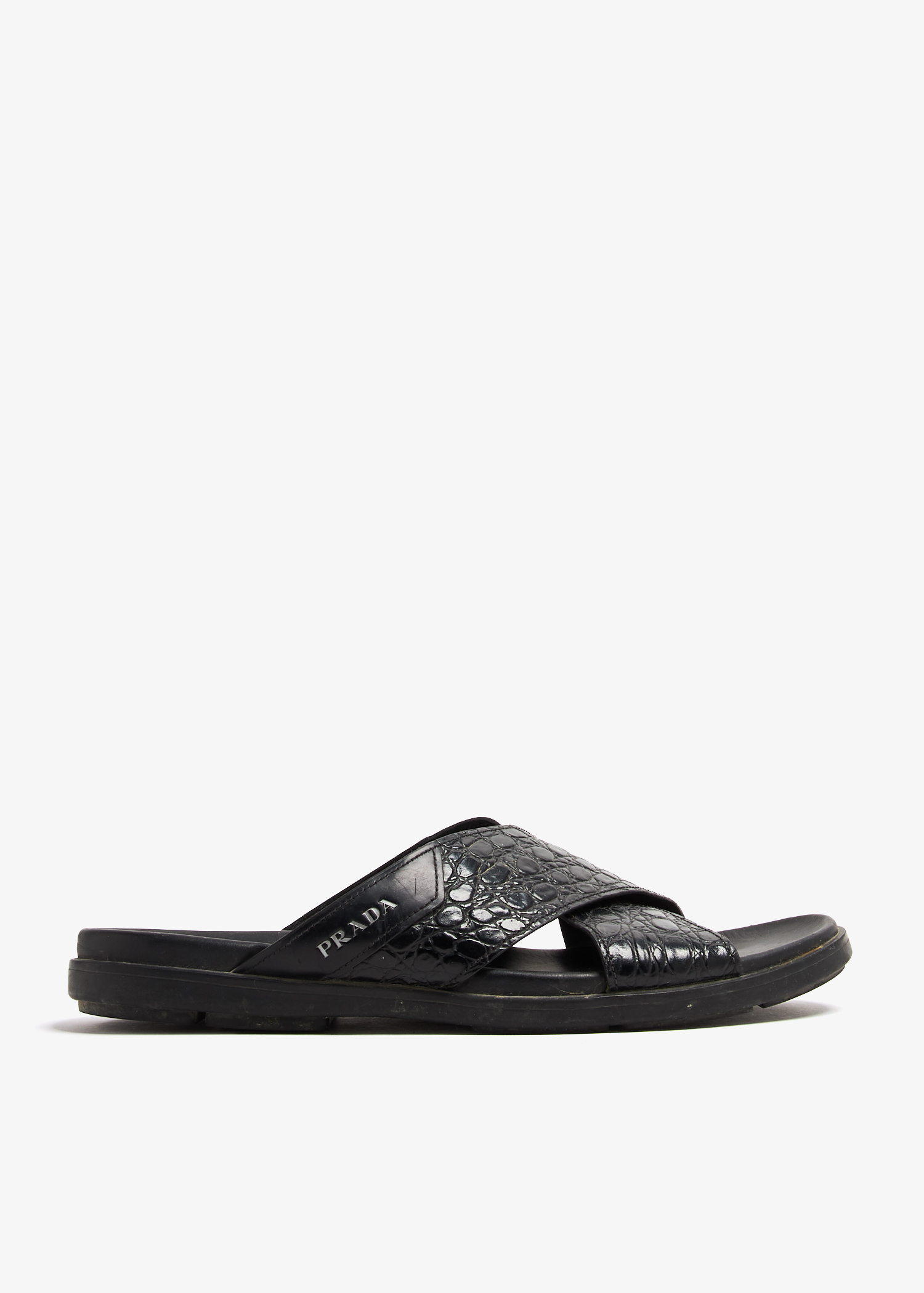 

Croc-embossed crisscross sandals, Black