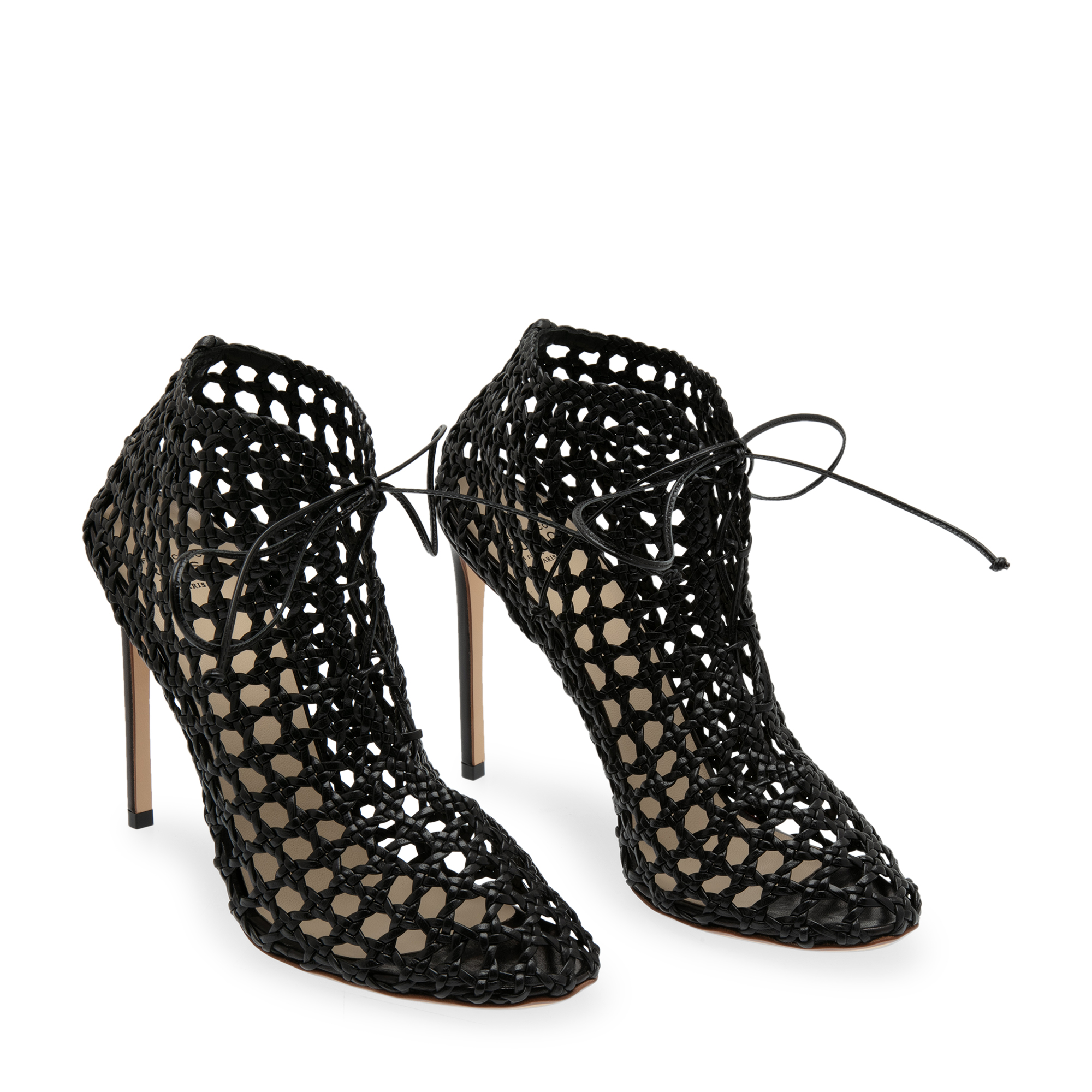 

Woven leather caged booties, Black