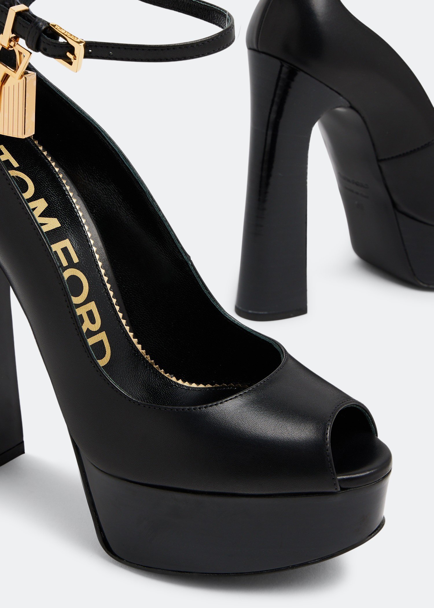 Black leather outlet peep toe pumps